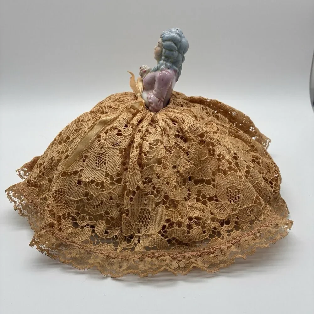 Vintage German porcelain half doll needle and pin cushion with lace dress 8